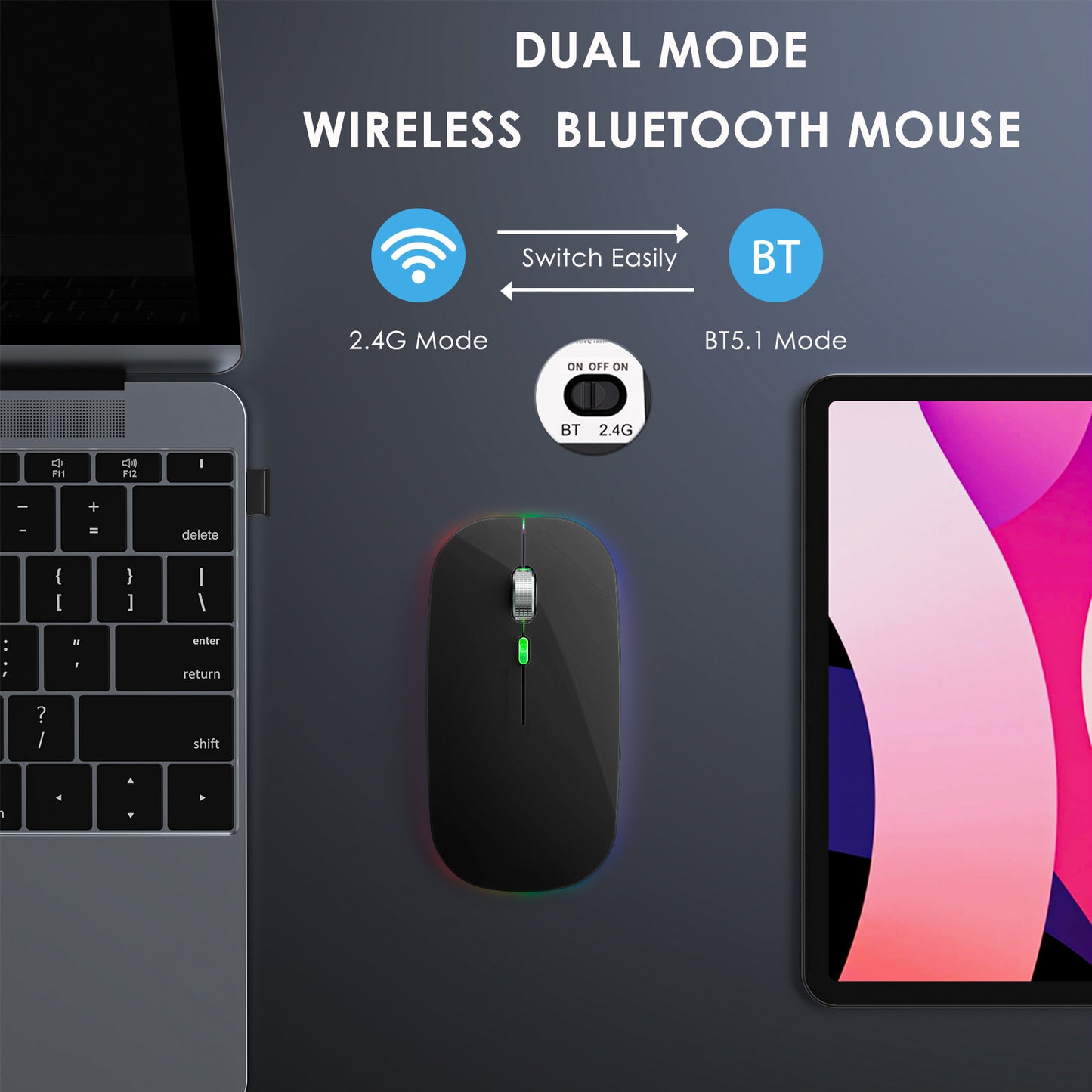 2.4G / Bluetooth Dual Mode Wireless Mouse with Backlight, Quiet Portable Jiggler Mouse for Laptops, Tablets