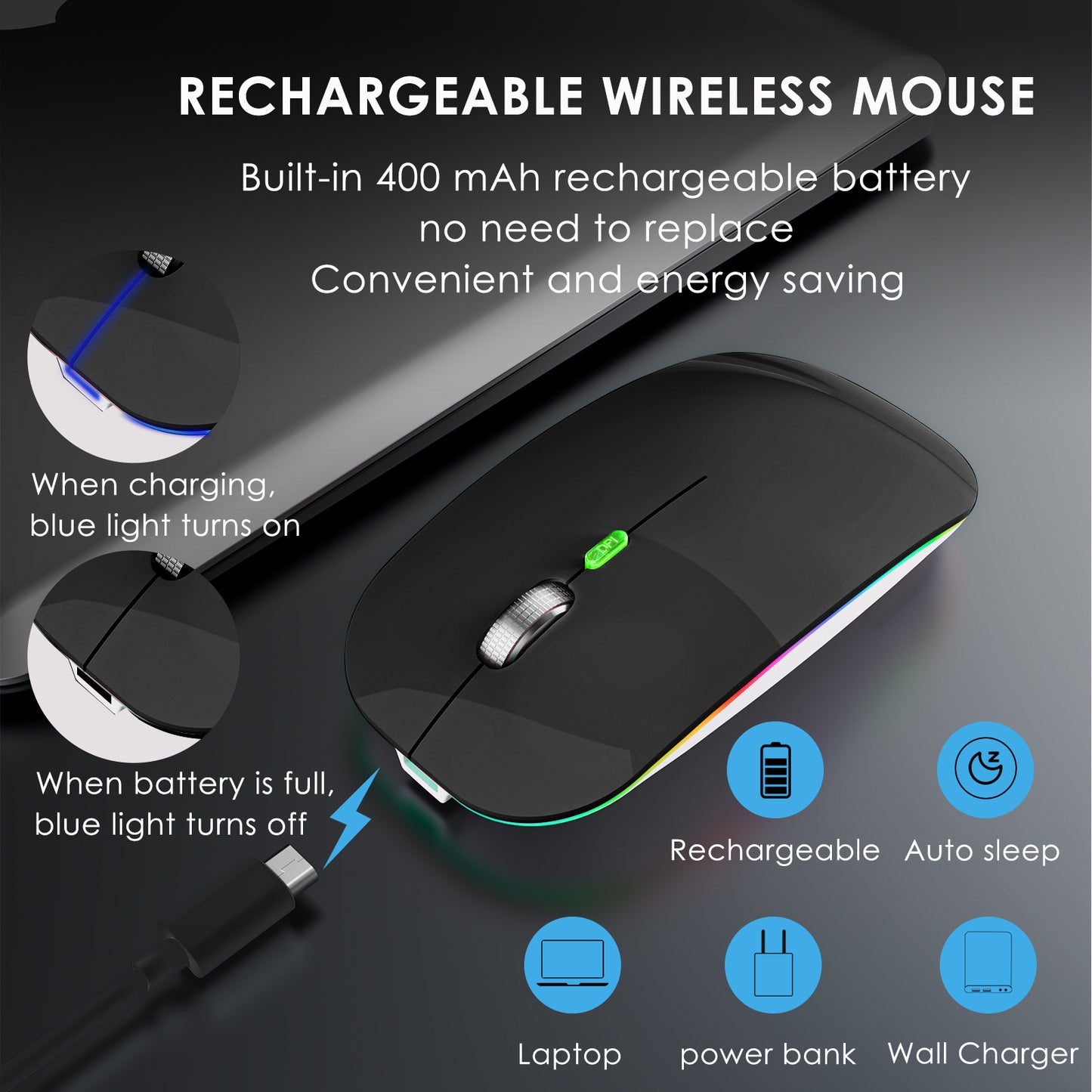 2.4G / Bluetooth Dual Mode Wireless Mouse with Backlight, Quiet Portable Jiggler Mouse for Laptops, Tablets
