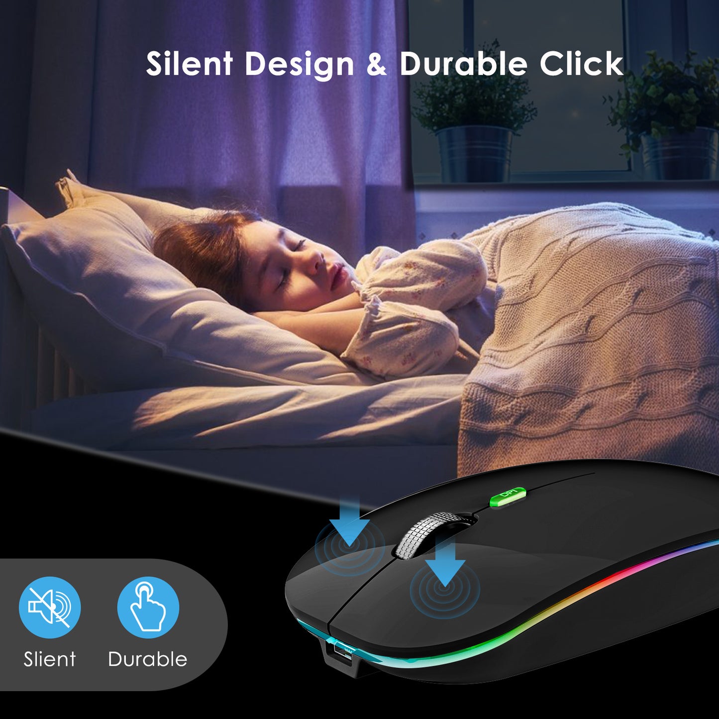 2.4G / Bluetooth Dual Mode Wireless Mouse with Backlight, Quiet Portable Jiggler Mouse for Laptops, Tablets