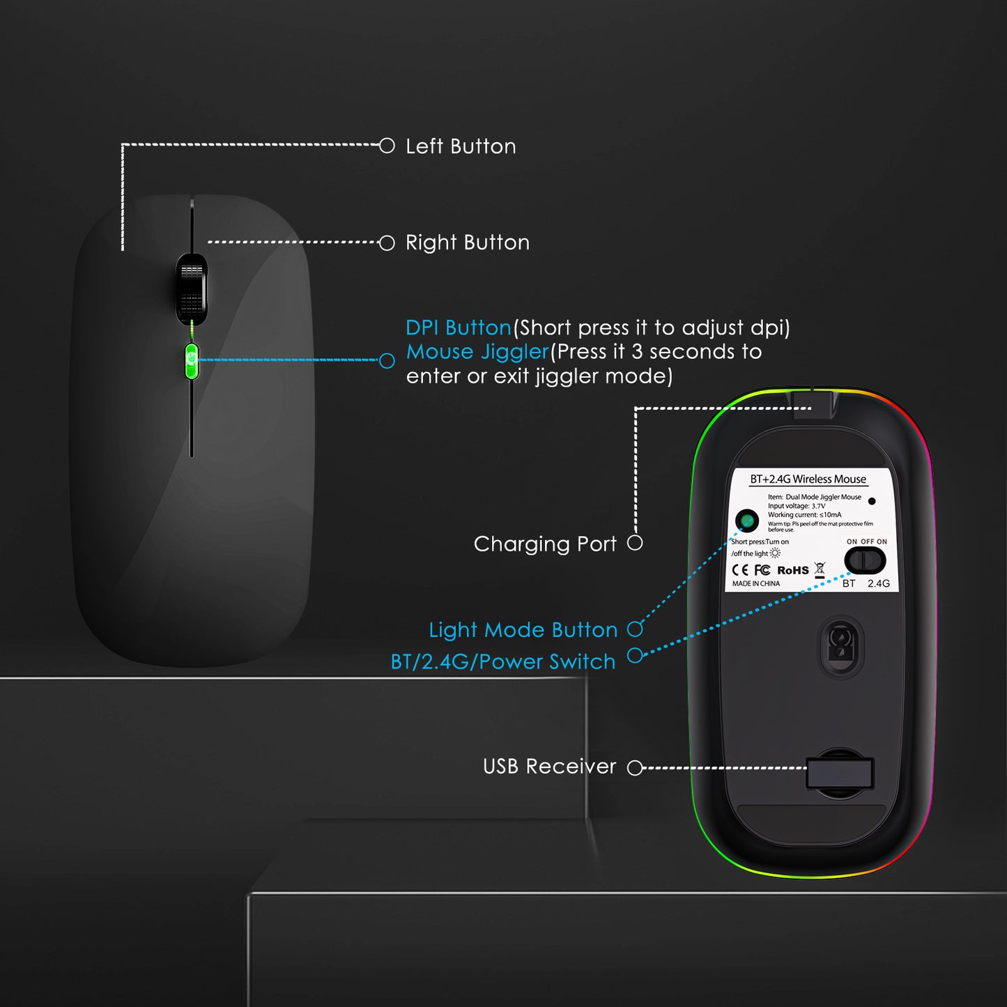 2.4G / Bluetooth Dual Mode Wireless Mouse with Backlight, Quiet Portable Jiggler Mouse for Laptops, Tablets