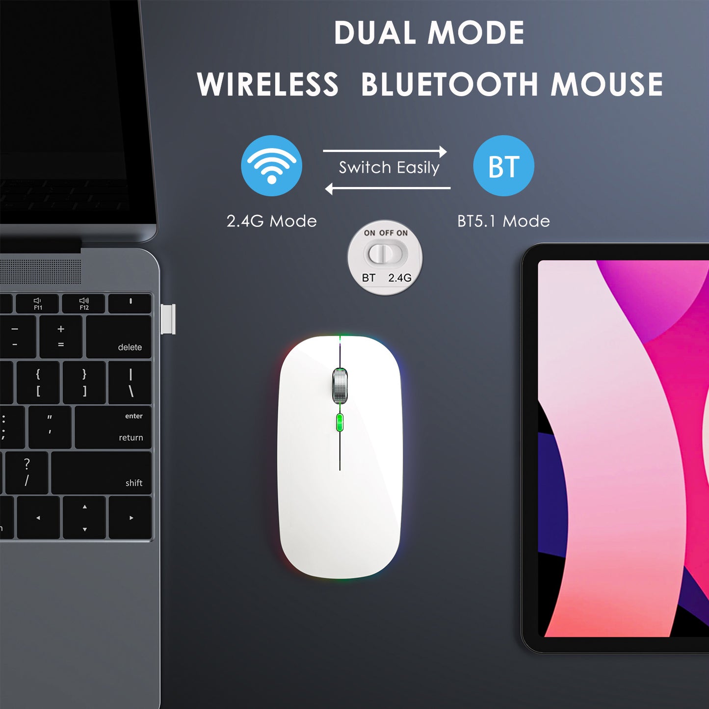 2.4G / Bluetooth Dual Mode Wireless Mouse with Backlight, Quiet Portable Jiggler Mouse for Laptops, Tablets