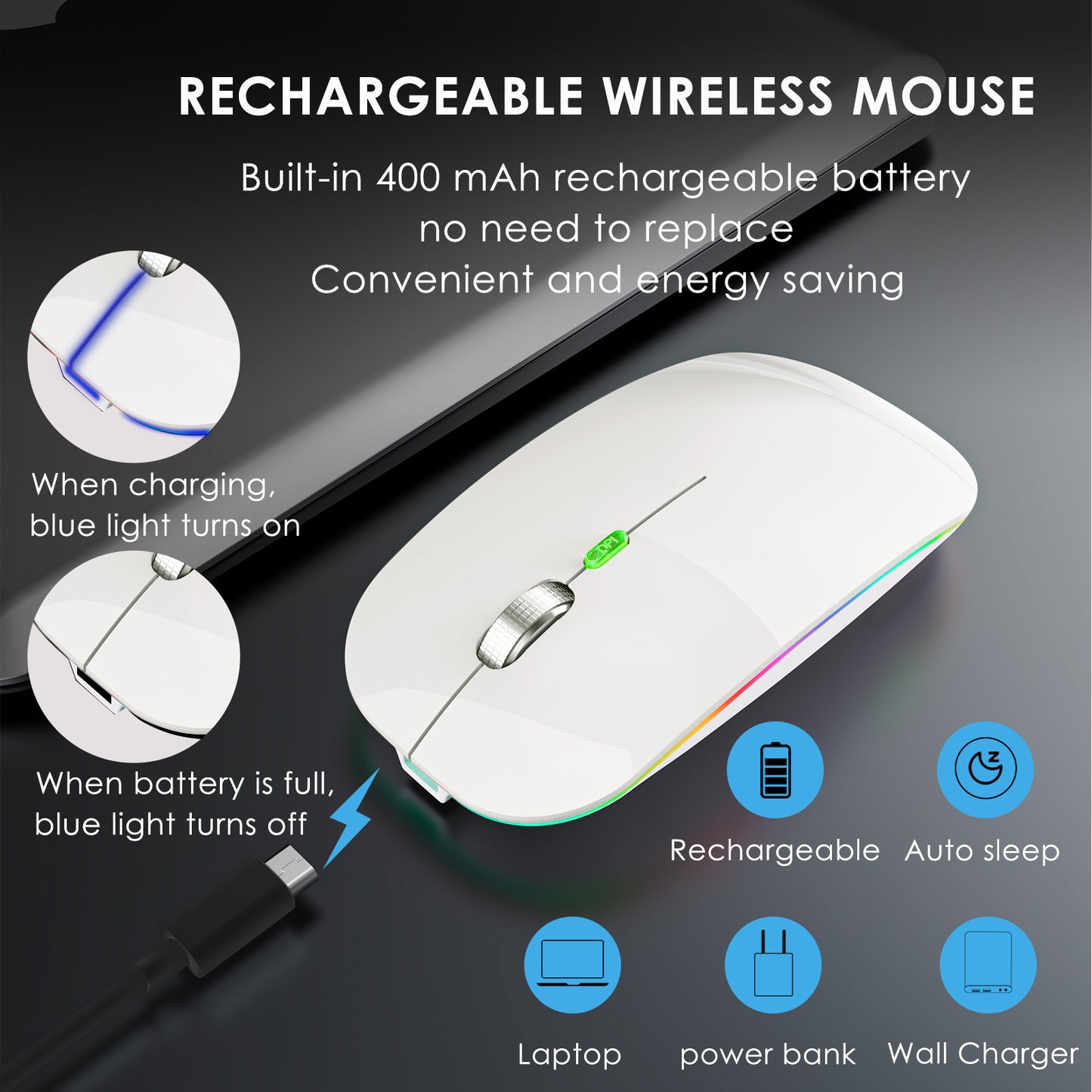 2.4G / Bluetooth Dual Mode Wireless Mouse with Backlight, Quiet Portable Jiggler Mouse for Laptops, Tablets