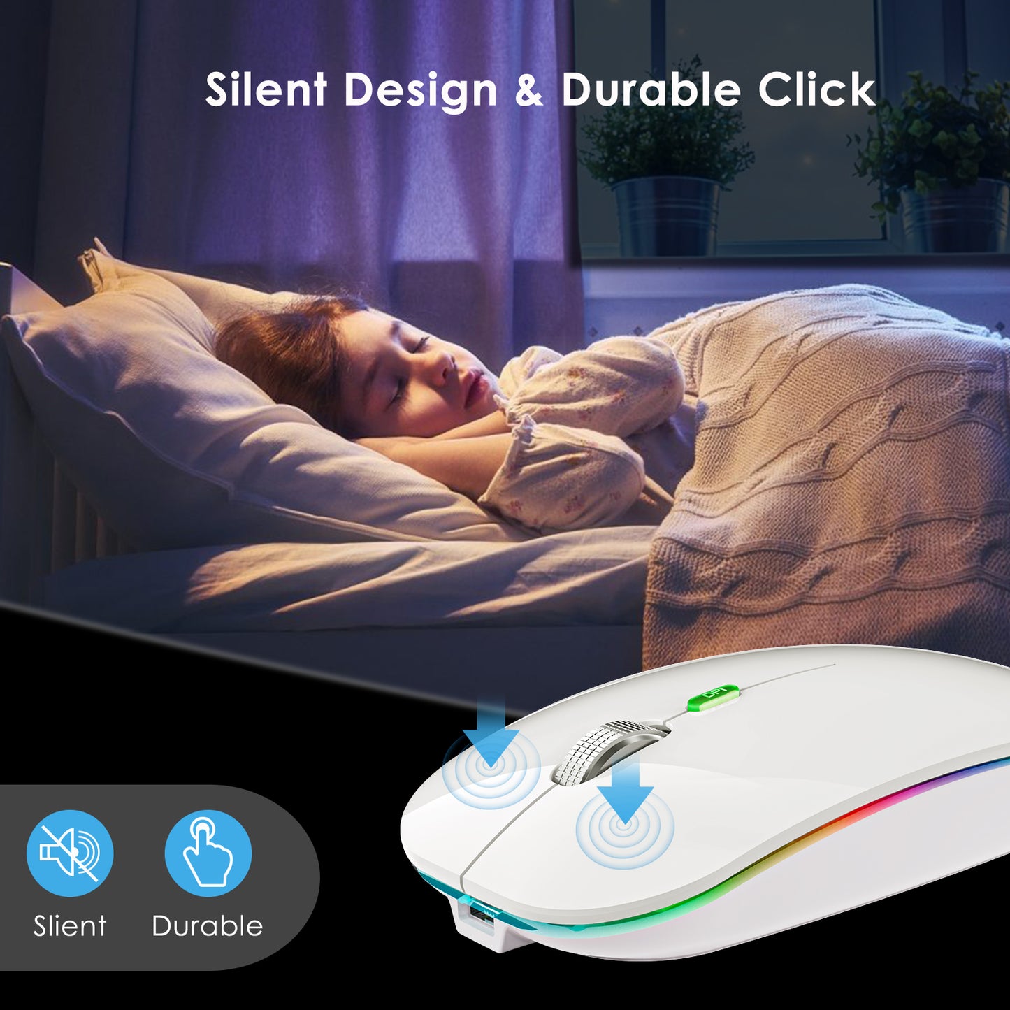 2.4G / Bluetooth Dual Mode Wireless Mouse with Backlight, Quiet Portable Jiggler Mouse for Laptops, Tablets