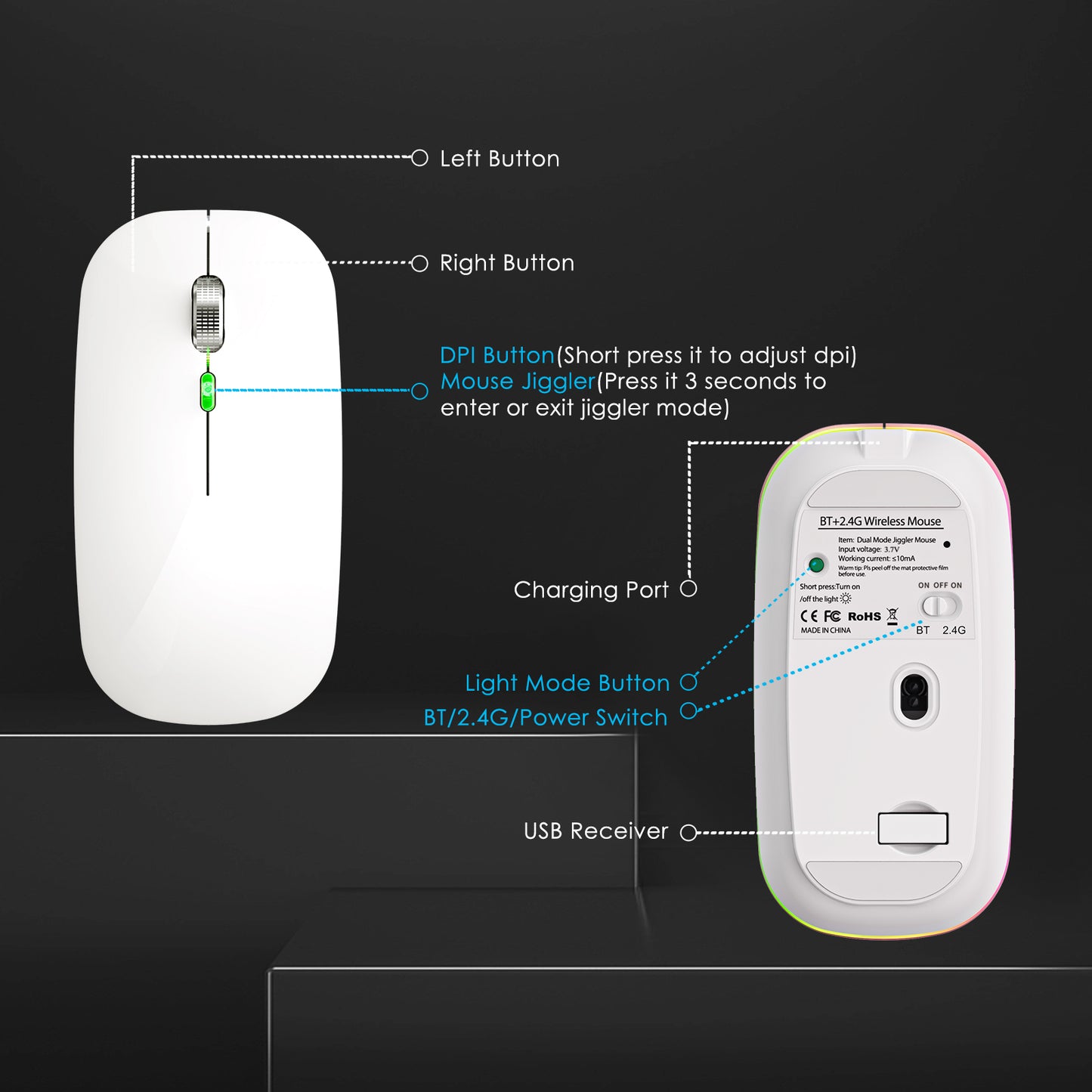 2.4G / Bluetooth Dual Mode Wireless Mouse with Backlight, Quiet Portable Jiggler Mouse for Laptops, Tablets