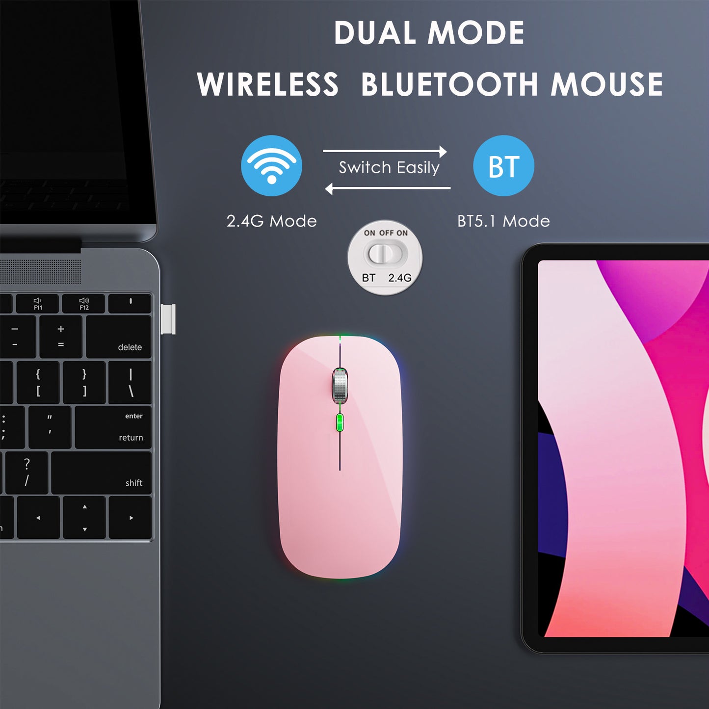 2.4G / Bluetooth Dual Mode Wireless Mouse with Backlight, Quiet Portable Jiggler Mouse for Laptops, Tablets