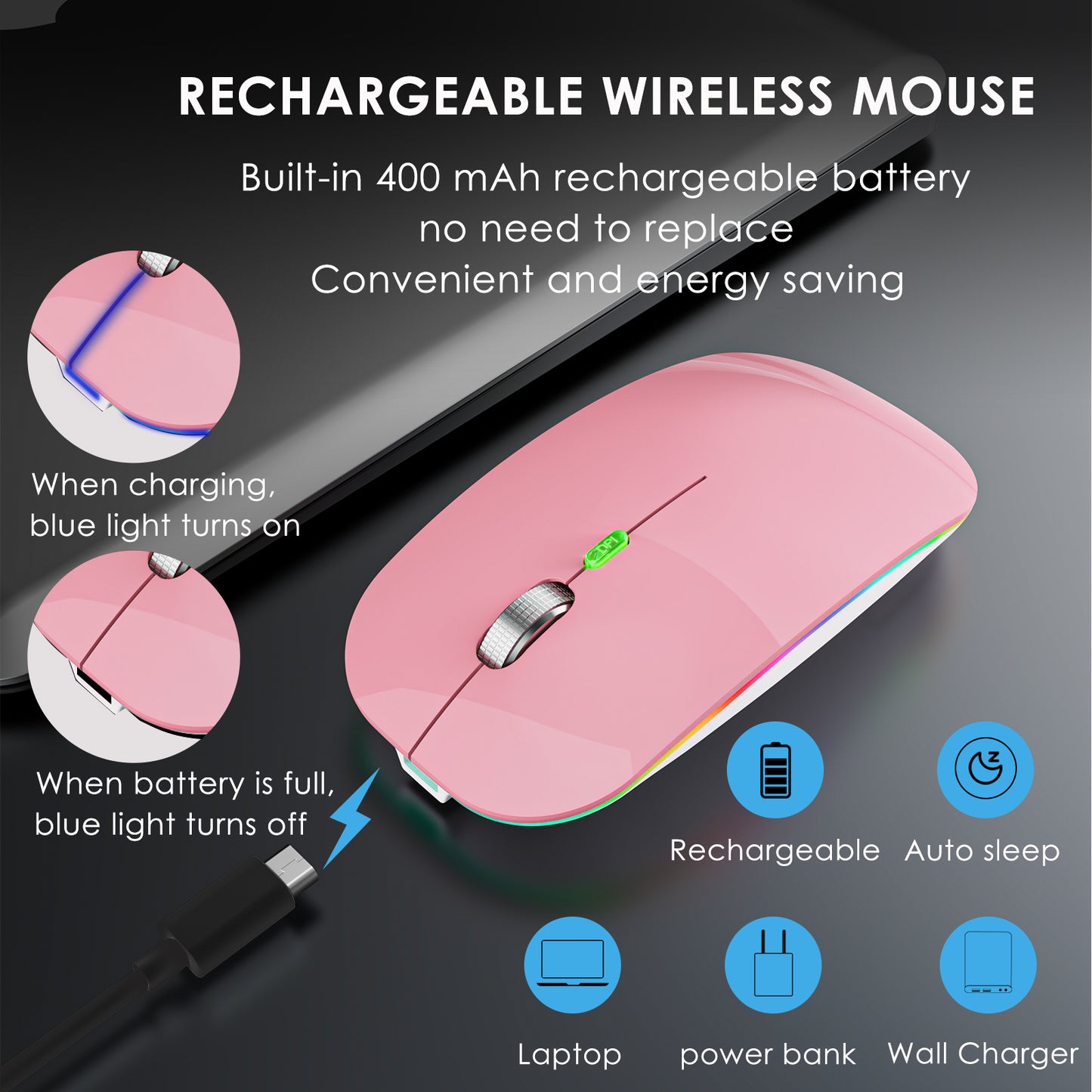 2.4G / Bluetooth Dual Mode Wireless Mouse with Backlight, Quiet Portable Jiggler Mouse for Laptops, Tablets