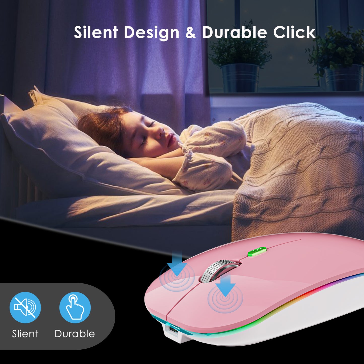 2.4G / Bluetooth Dual Mode Wireless Mouse with Backlight, Quiet Portable Jiggler Mouse for Laptops, Tablets