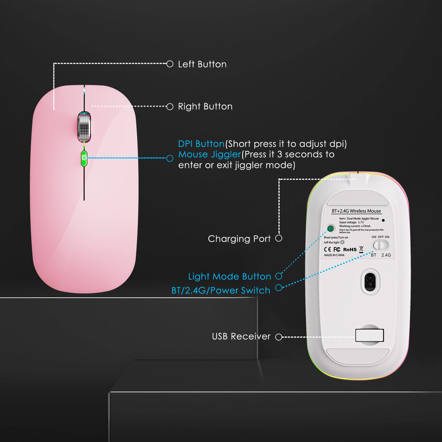 2.4G / Bluetooth Dual Mode Wireless Mouse with Backlight, Quiet Portable Jiggler Mouse for Laptops, Tablets