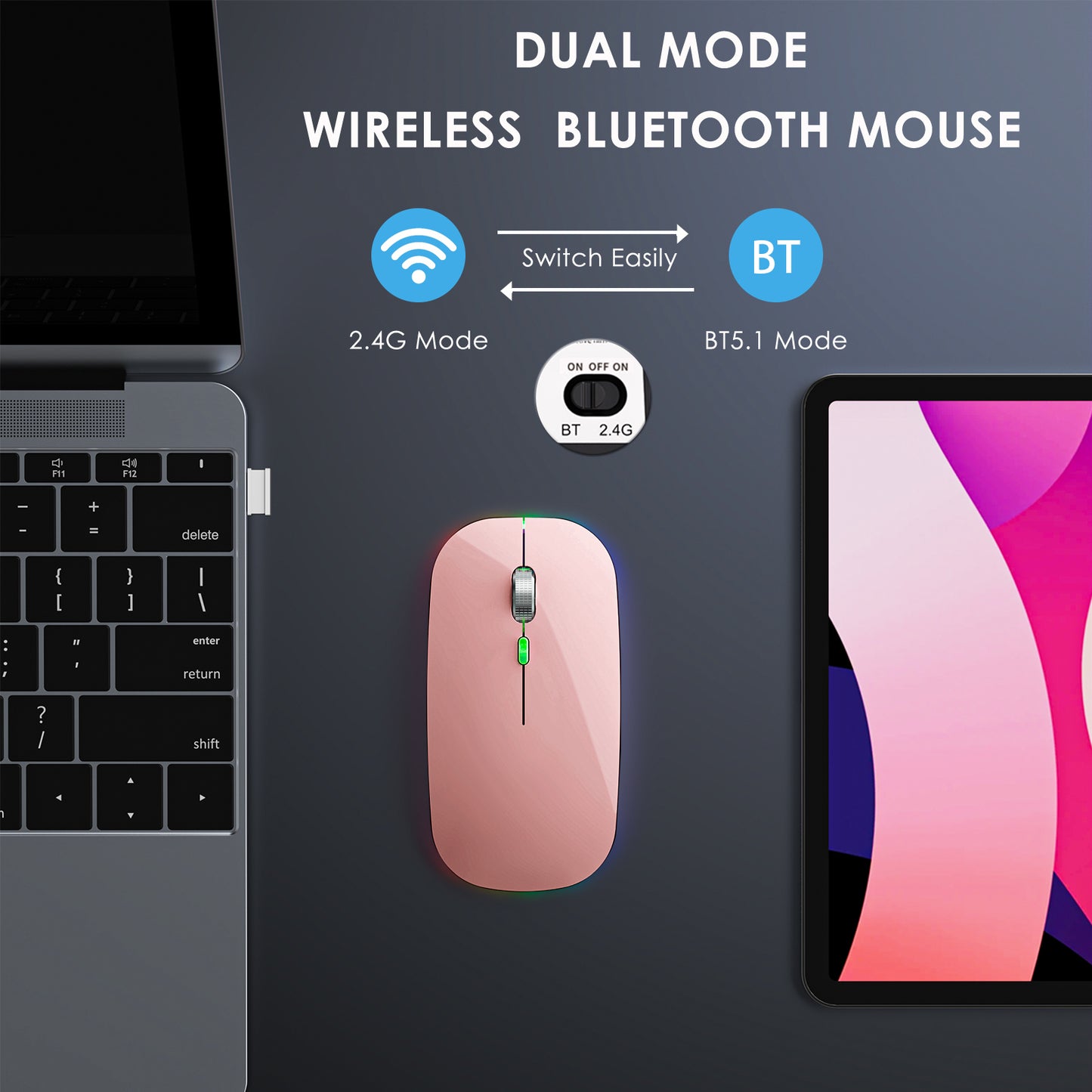2.4G / Bluetooth Dual Mode Wireless Mouse with Backlight, Quiet Portable Jiggler Mouse for Laptops, Tablets