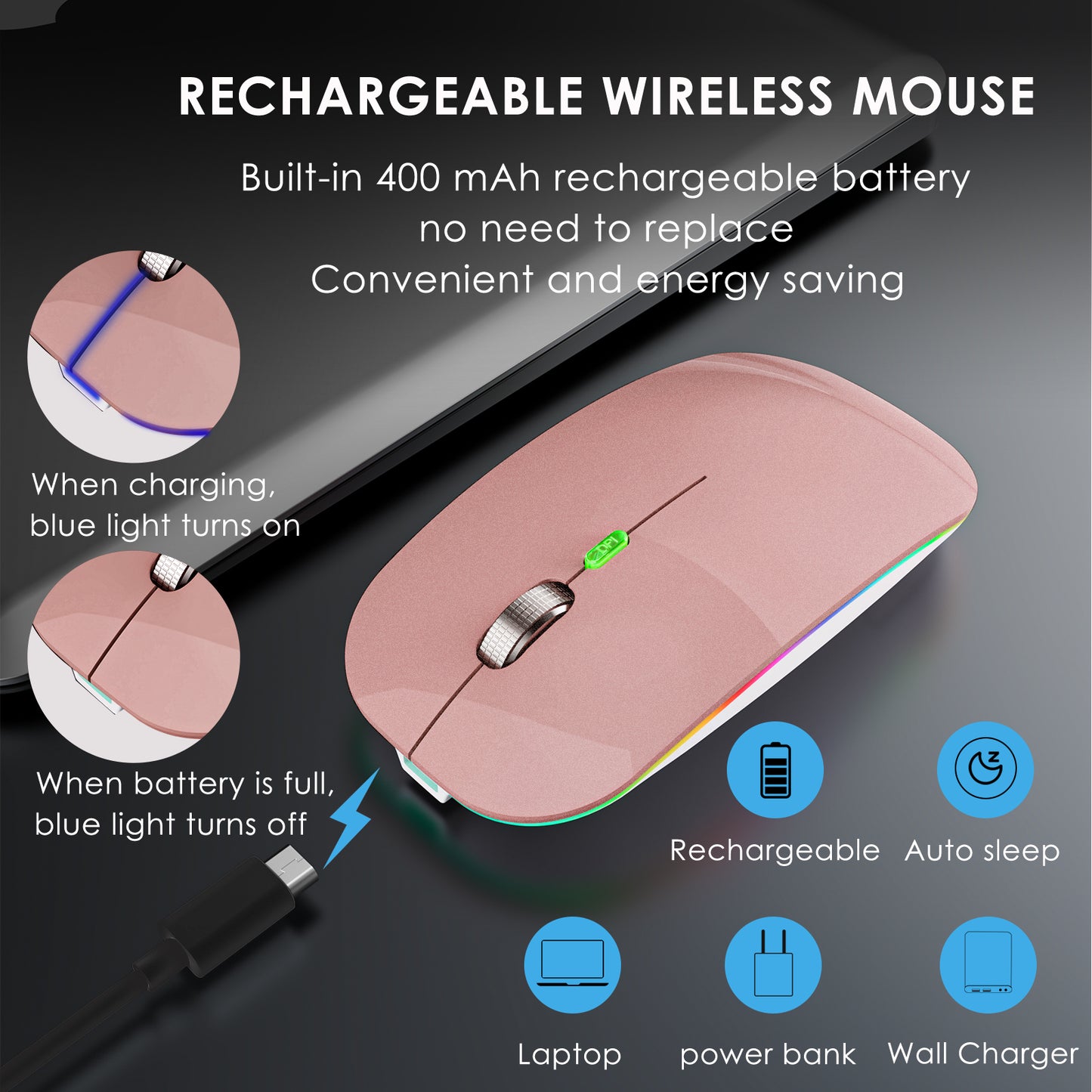 2.4G / Bluetooth Dual Mode Wireless Mouse with Backlight, Quiet Portable Jiggler Mouse for Laptops, Tablets
