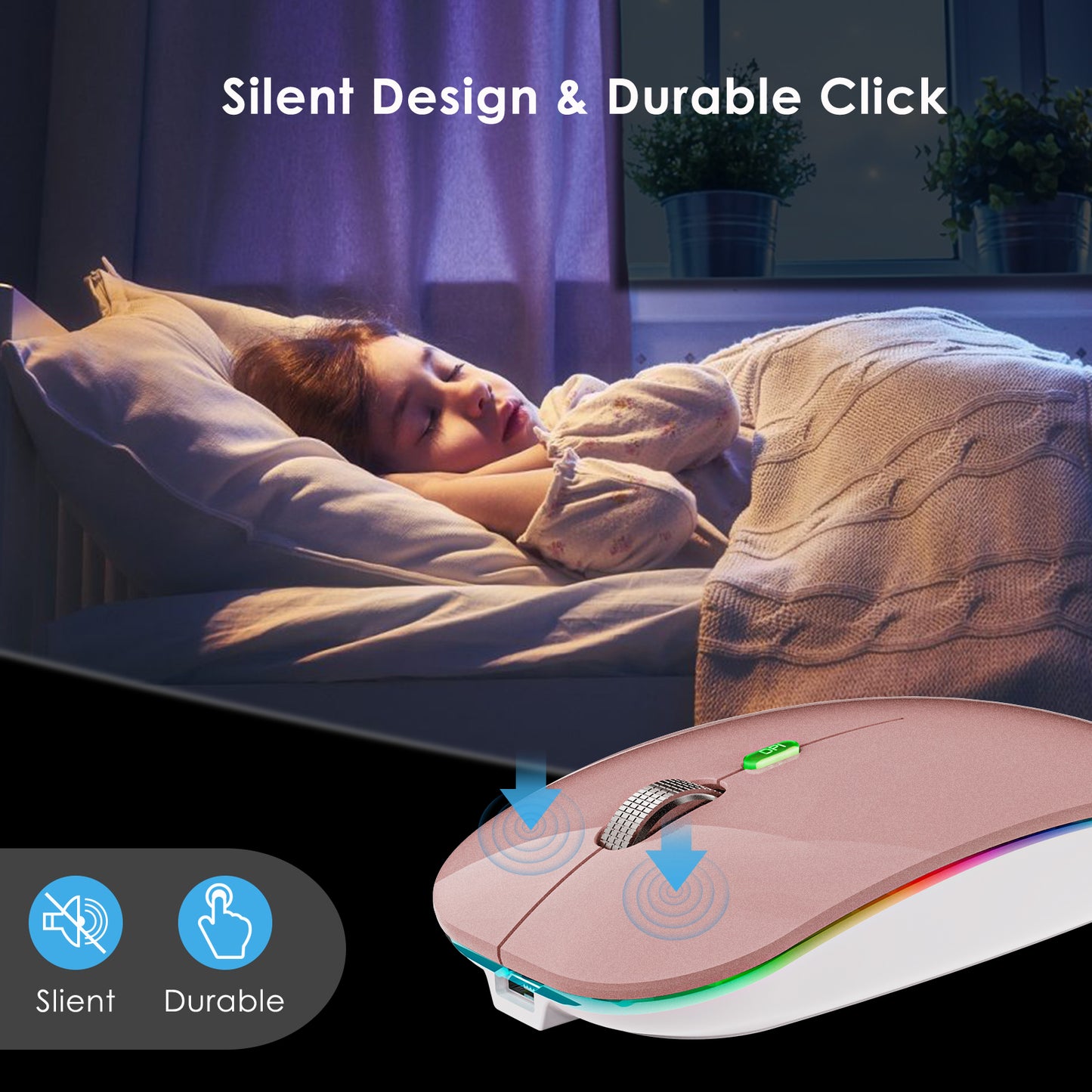 2.4G / Bluetooth Dual Mode Wireless Mouse with Backlight, Quiet Portable Jiggler Mouse for Laptops, Tablets