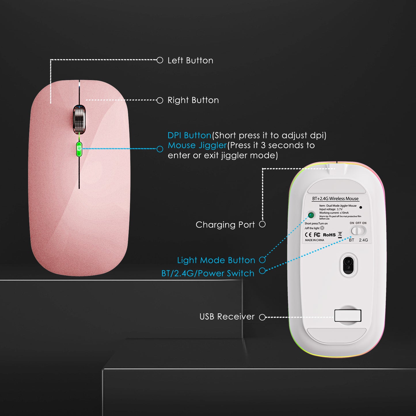 2.4G / Bluetooth Dual Mode Wireless Mouse with Backlight, Quiet Portable Jiggler Mouse for Laptops, Tablets