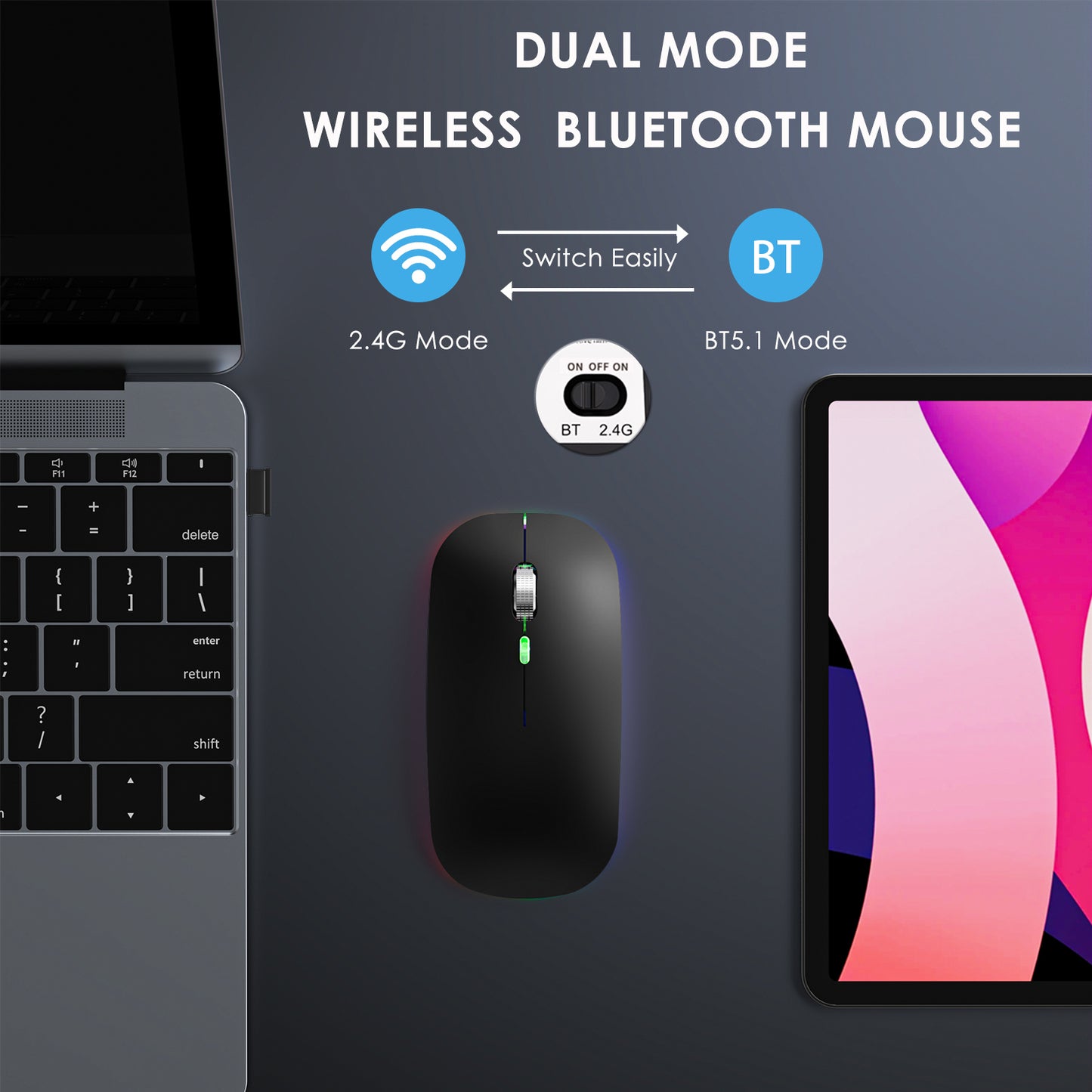 2.4G / Bluetooth Dual Mode Wireless Mouse with Backlight, Quiet Portable Jiggler Mouse for Laptops, Tablets