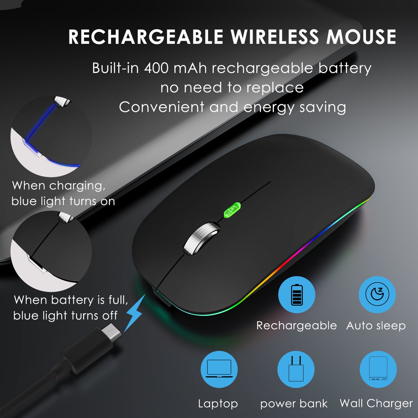 2.4G / Bluetooth Dual Mode Wireless Mouse with Backlight, Quiet Portable Jiggler Mouse for Laptops, Tablets
