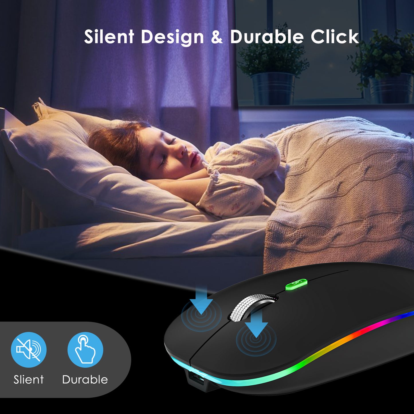 2.4G / Bluetooth Dual Mode Wireless Mouse with Backlight, Quiet Portable Jiggler Mouse for Laptops, Tablets