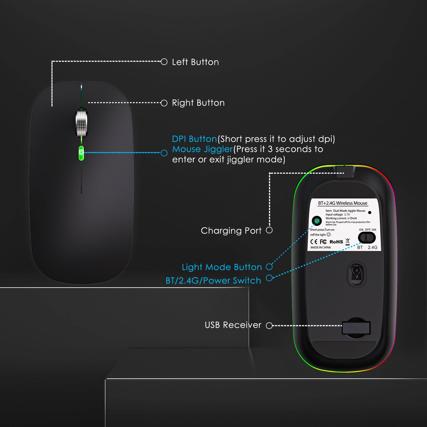 2.4G / Bluetooth Dual Mode Wireless Mouse with Backlight, Quiet Portable Jiggler Mouse for Laptops, Tablets