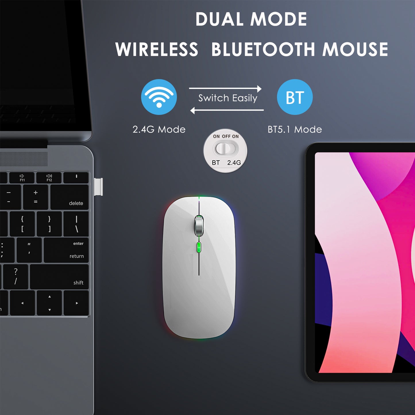 2.4G / Bluetooth Dual Mode Wireless Mouse with Backlight, Quiet Portable Jiggler Mouse for Laptops, Tablets