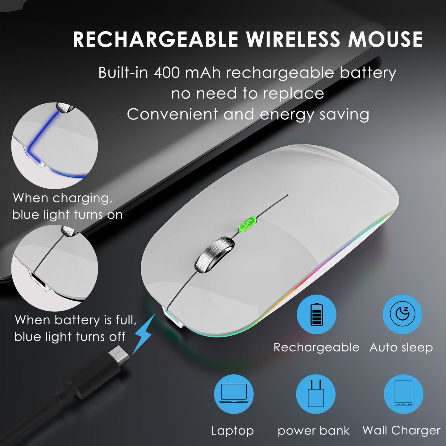 2.4G / Bluetooth Dual Mode Wireless Mouse with Backlight, Quiet Portable Jiggler Mouse for Laptops, Tablets