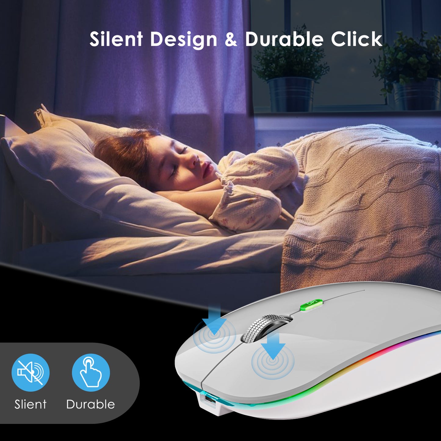 2.4G / Bluetooth Dual Mode Wireless Mouse with Backlight, Quiet Portable Jiggler Mouse for Laptops, Tablets
