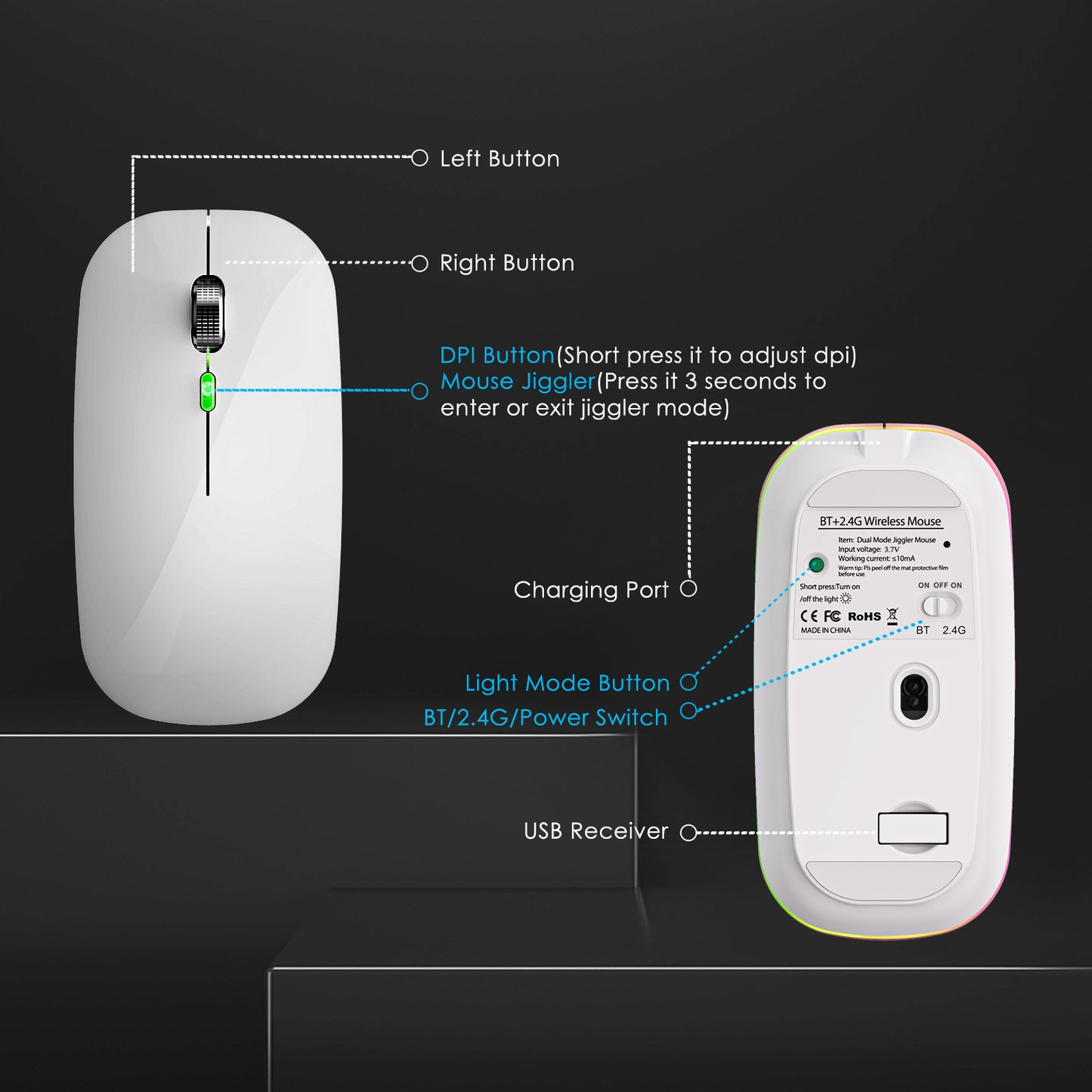 2.4G / Bluetooth Dual Mode Wireless Mouse with Backlight, Quiet Portable Jiggler Mouse for Laptops, Tablets