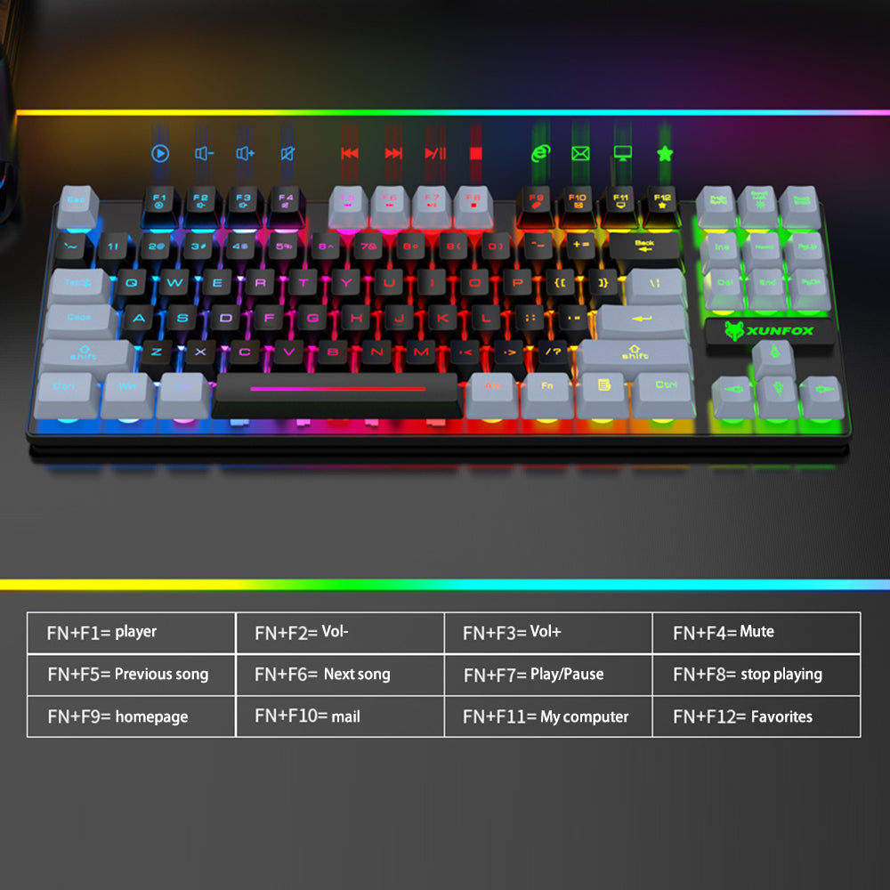 XUNFOX K10 USB Wired Mechanical Hand-Feel Keyboard 87 Keys Gamer Keyboard with Colorful Backlight