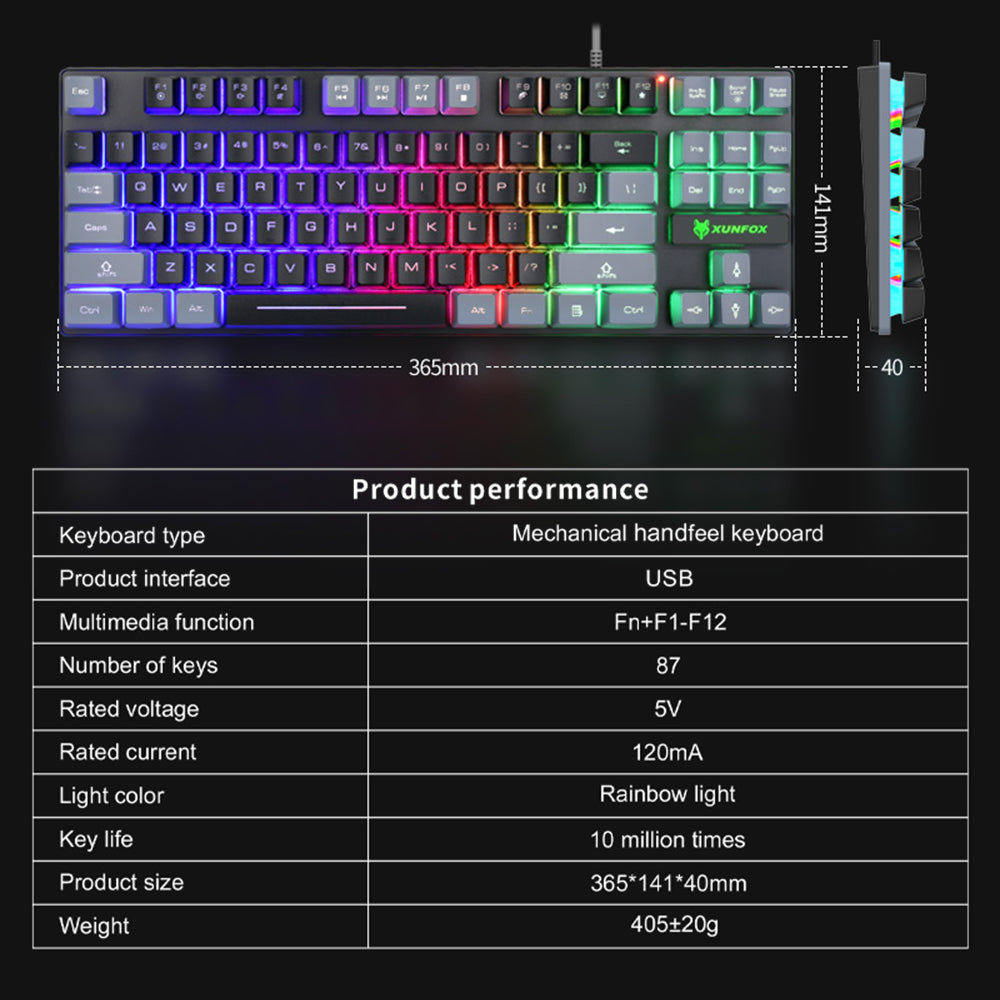 XUNFOX K10 USB Wired Mechanical Hand-Feel Keyboard 87 Keys Gamer Keyboard with Colorful Backlight