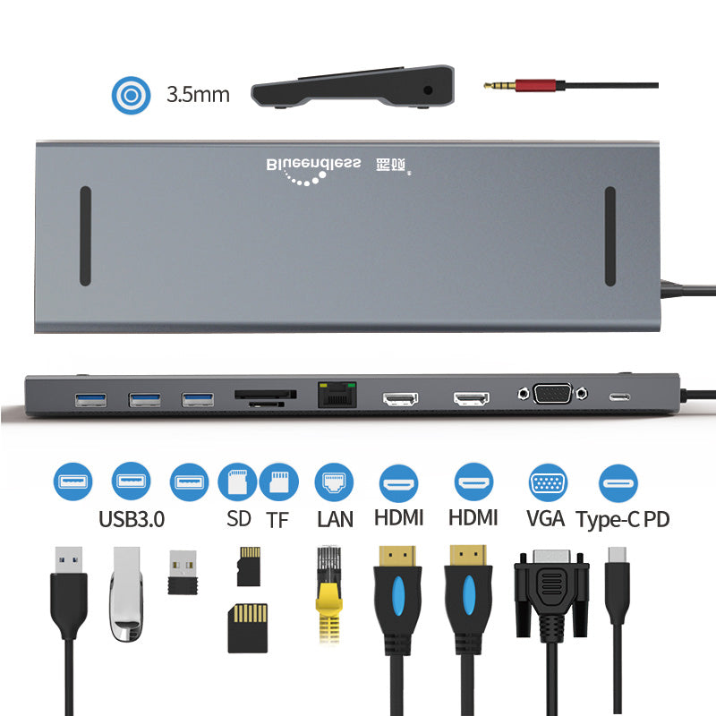 BLUEENDLESS HC1101 Type-C Aluminum Alloy Hub 11-in-1 Docking Station Splitter Dual HD Ports Expander Adapter