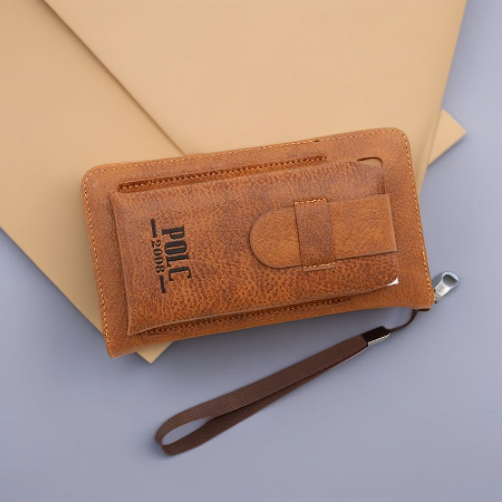POLC PU Leather Zipper Design Wallet Coin Card Storage Holder Cash Cell Phone Organizer Pouch Wrist Clutch Bag