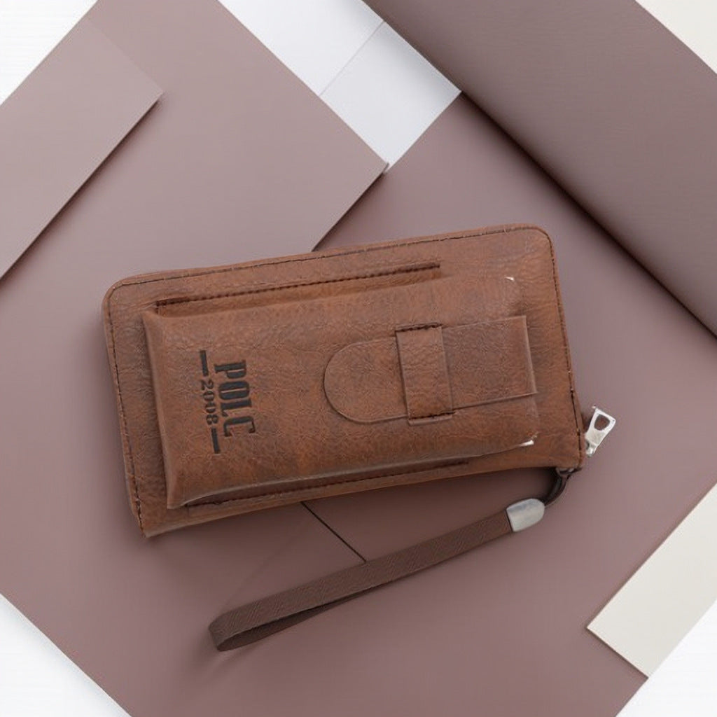 POLC PU Leather Zipper Design Wallet Coin Card Storage Holder Cash Cell Phone Organizer Pouch Wrist Clutch Bag