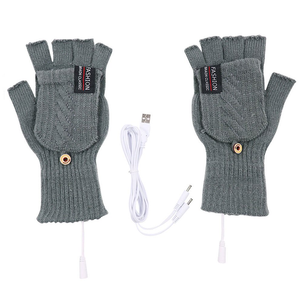 1 Pair USB Electric Heating Winter Gloves Warm Heated Polyester Half Finger Gloves with Flap Cover