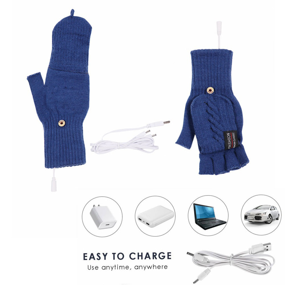 1 Pair USB Electric Heating Winter Gloves Warm Heated Polyester Half Finger Gloves with Flap Cover