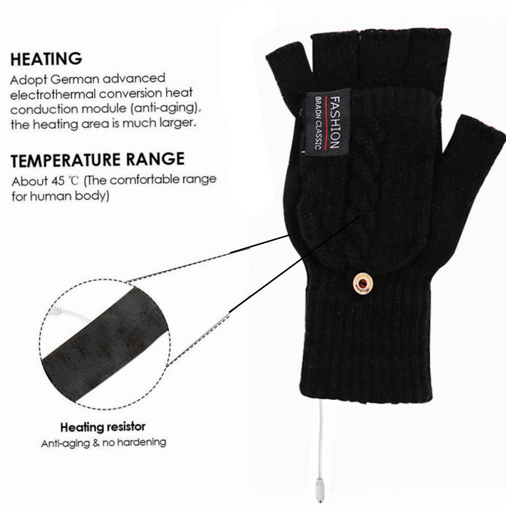 1 Pair USB Electric Heating Winter Gloves Warm Heated Polyester Half Finger Gloves with Flap Cover