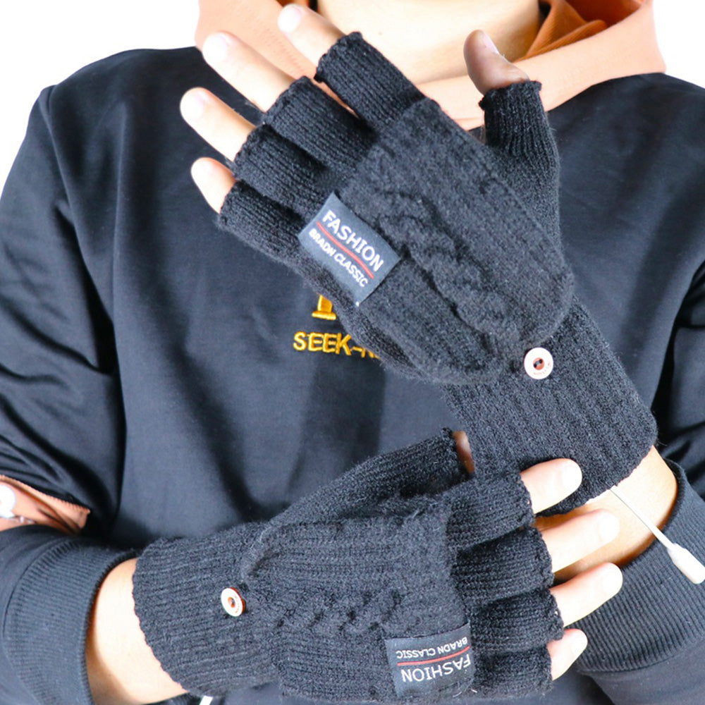 1 Pair USB Electric Heating Winter Gloves Warm Heated Polyester Half Finger Gloves with Flap Cover