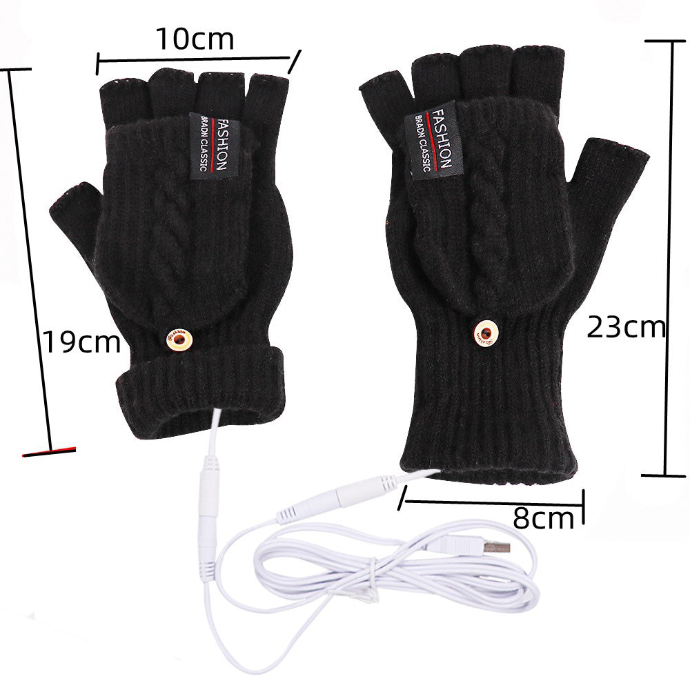1 Pair USB Electric Heating Winter Gloves Warm Heated Polyester Half Finger Gloves with Flap Cover