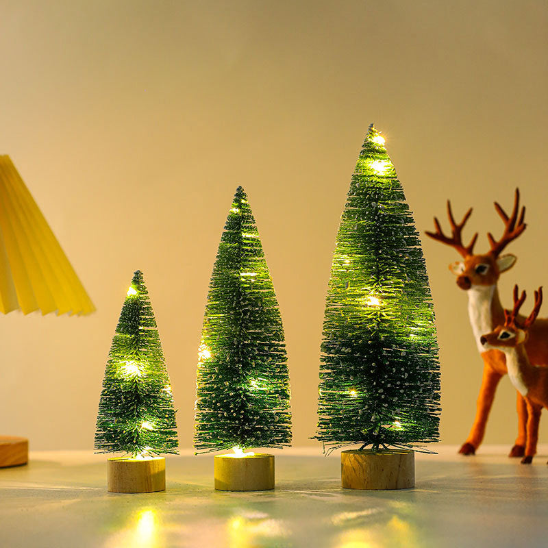 30cm Desktop Christmas Tree Ornament Wooden Base LED Light Mini Xmas Tree Desktop Decor, Size L