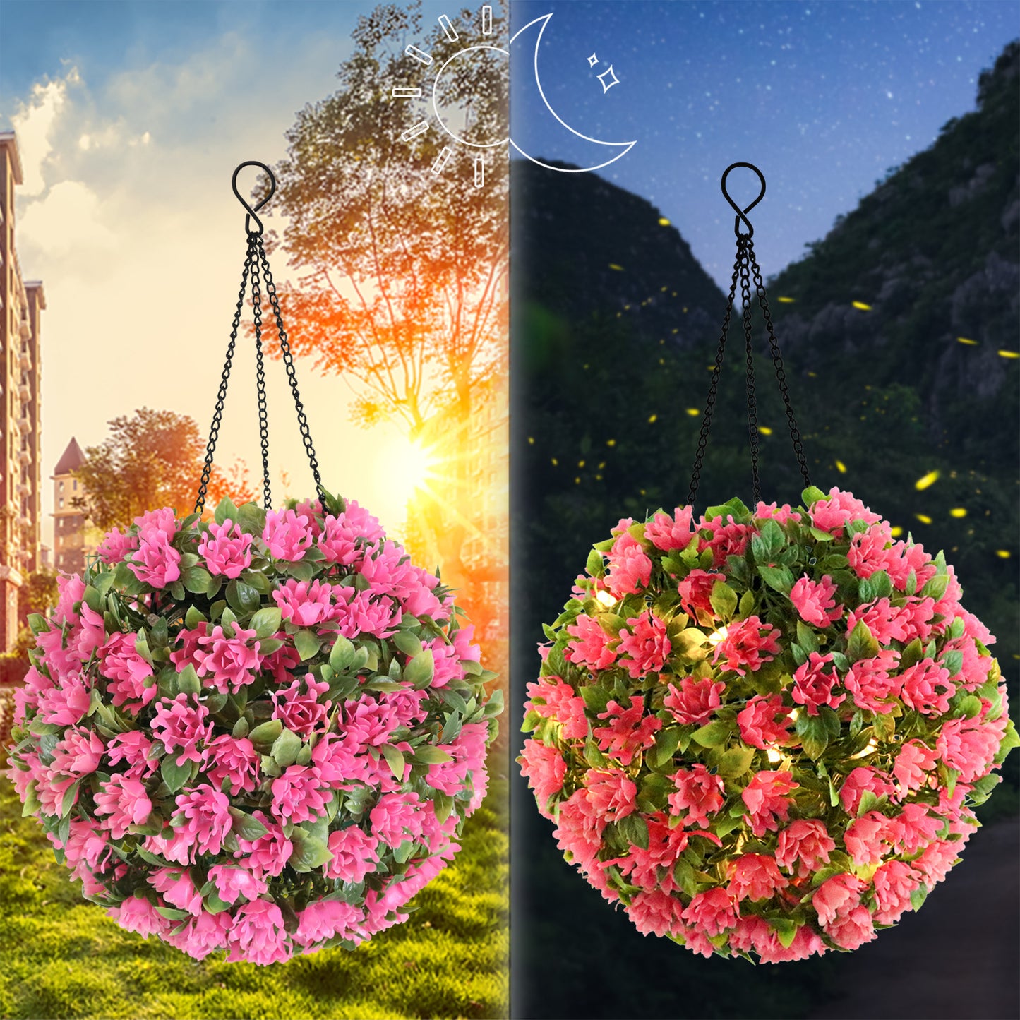 Artificial Flower Grass Ball Chandelier Outdoor Garden Hanging Solar Lamp Topiary Ball Light, Size L