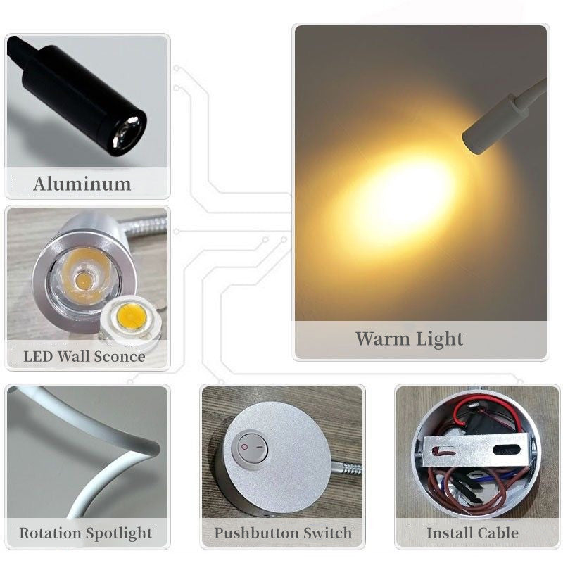 Flexible Wall Mounted LED Night Light Bedside Metal 1W Warm Light Lamp for Home, Hotel