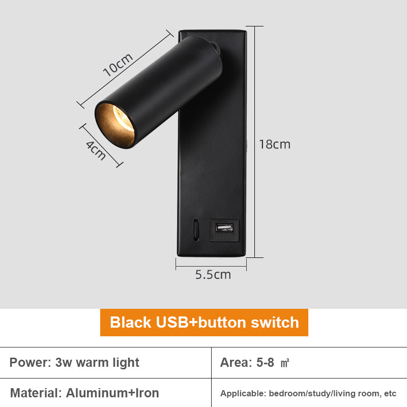 3104 350-Degree Rotatable 3W Warm Light Bedside Wall Lamp Aluminum+Iron Bedroom Study Reading Light with USB Port