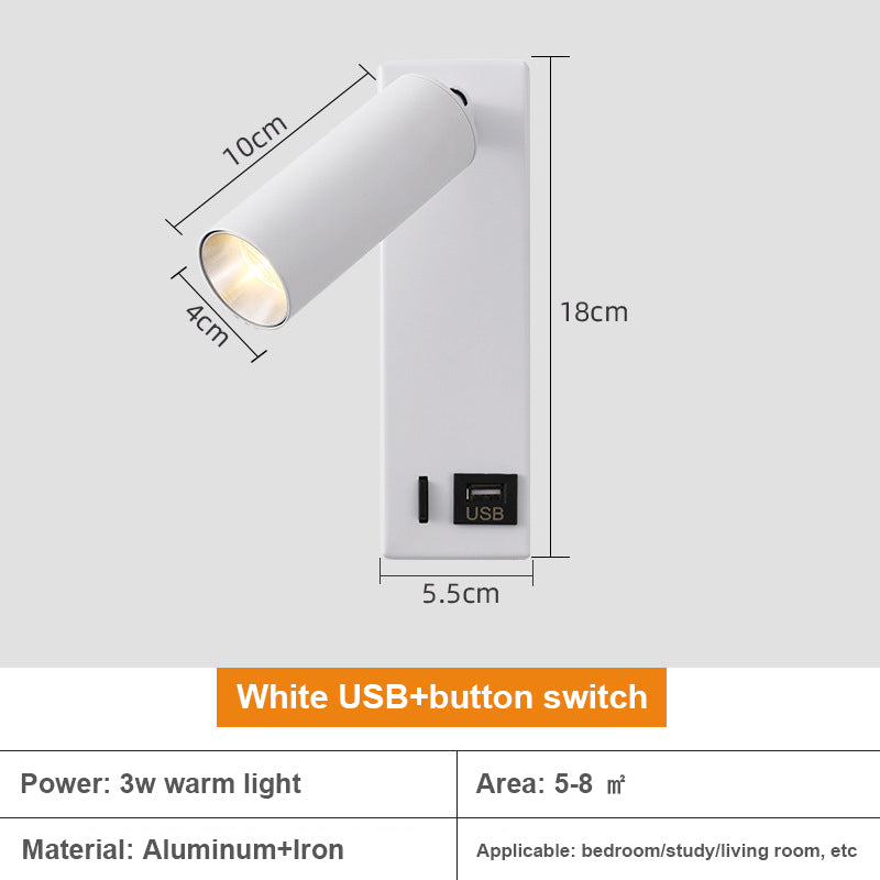 3104 350-Degree Rotatable 3W Warm Light Bedside Wall Lamp Aluminum+Iron Bedroom Study Reading Light with USB Port