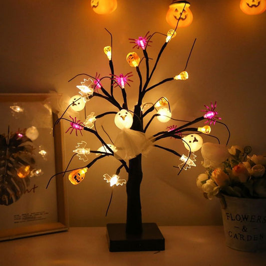 24 LEDs Halloween Tree Pumpkin Ghost Spider Light Birch Tree Battery USB Powered Party Decor