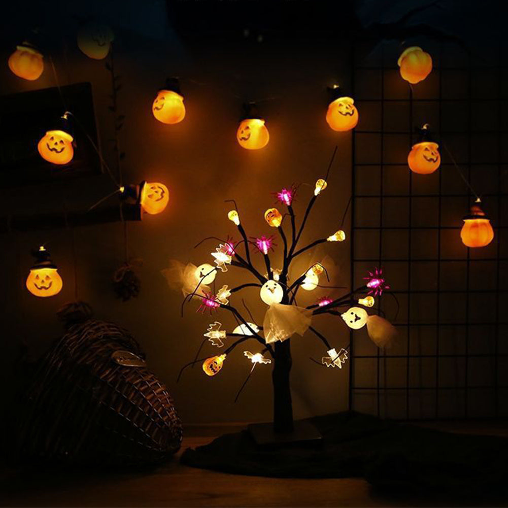 24 LEDs Halloween Tree Pumpkin Ghost Spider Light Birch Tree Battery USB Powered Party Decor