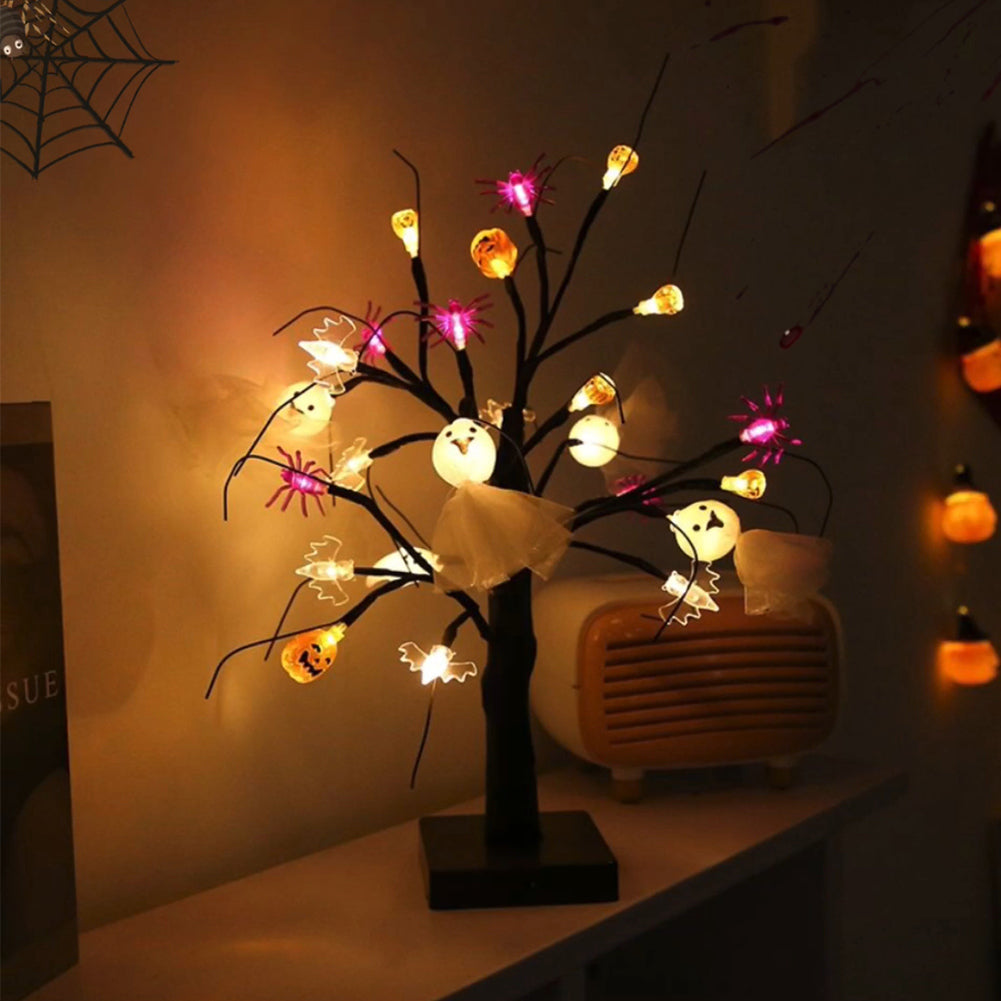 24 LEDs Halloween Tree Pumpkin Ghost Spider Light Birch Tree Battery USB Powered Party Decor