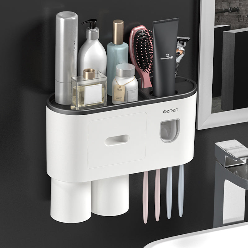 MENGNI Bathrooms Toothbrush Holder Wall Mounted 2 Cups Toothbrush Holder with Detachable Toothpaste Dispenser, 4 Brush Slot