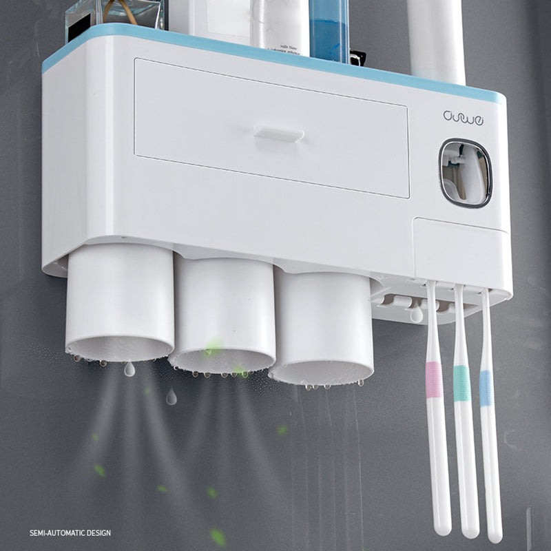 ASWEI A1909 3 Cups Toothbrush Holder Wall Mounted with Toothpaste Dispenser, Tray, Drawer, and 3 Brush Slots for Bathrooms