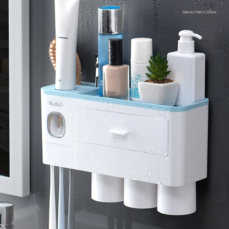 ASWEI A1909 3 Cups Toothbrush Holder Wall Mounted with Toothpaste Dispenser, Tray, Drawer, and 3 Brush Slots for Bathrooms