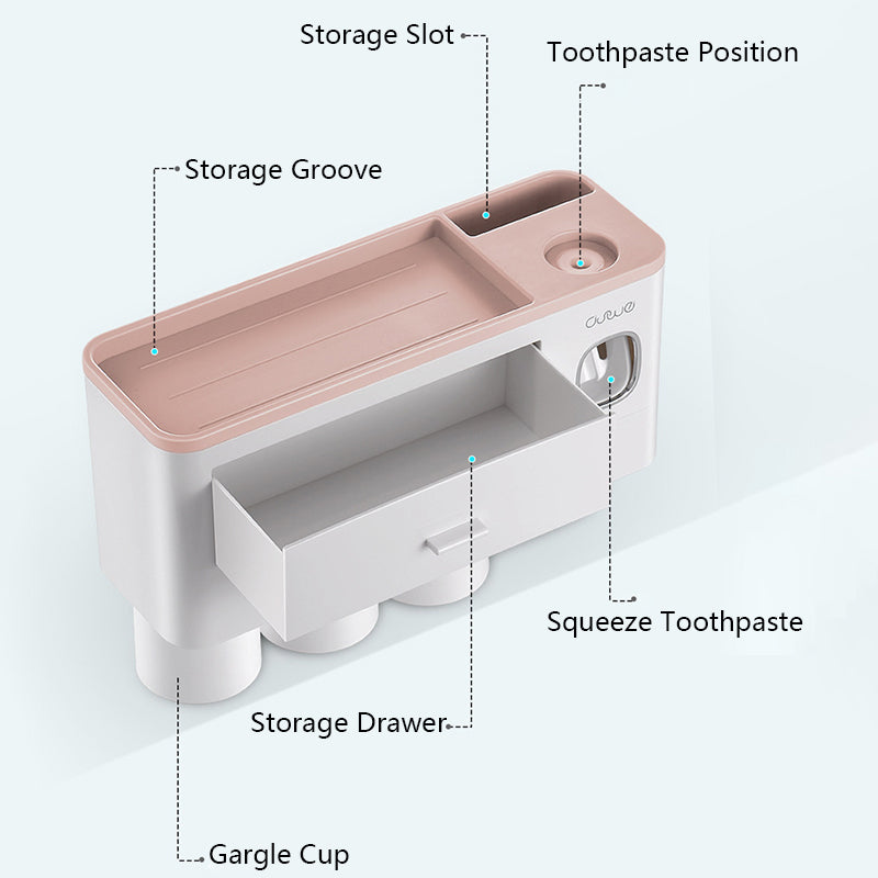 ASWEI A1909 3 Cups Toothbrush Holder Wall Mounted with Toothpaste Dispenser, Tray, Drawer, and 3 Brush Slots for Bathrooms