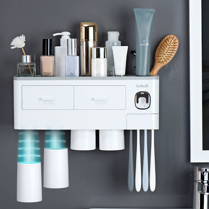 ASWEI A1910 Bathrooms Wall Mounted 4 Cups Toothbrush Holder with Toothpaste Dispenser, Tray, 2 Drawer, 4 Brush Slot