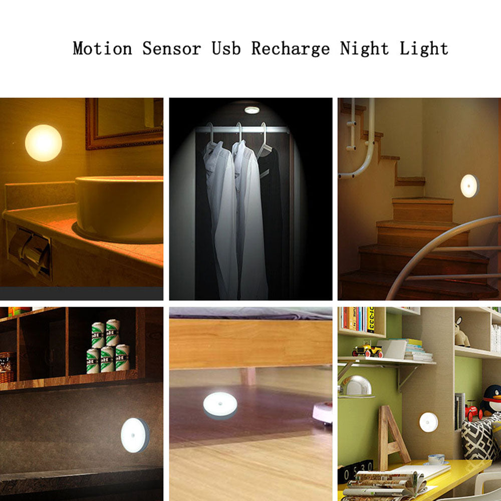 USB Rechargeable Cabinet Bedside Round Lamp Magnetic Human Body Sensor LED Night Light