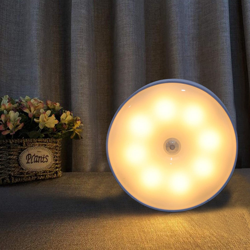 USB Rechargeable Cabinet Bedside Round Lamp Magnetic Human Body Sensor LED Night Light