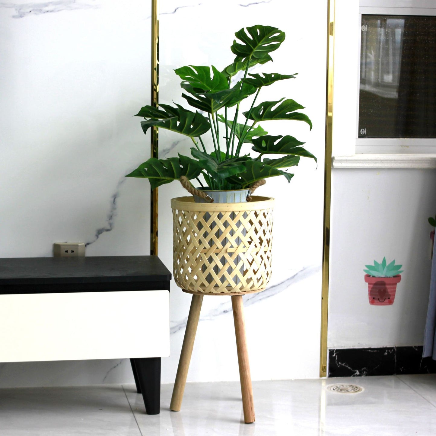 Woven Plants Vase Flowers Container Home Decoration Knitted Bamboo Planter Pot Basket Holder, Size: S